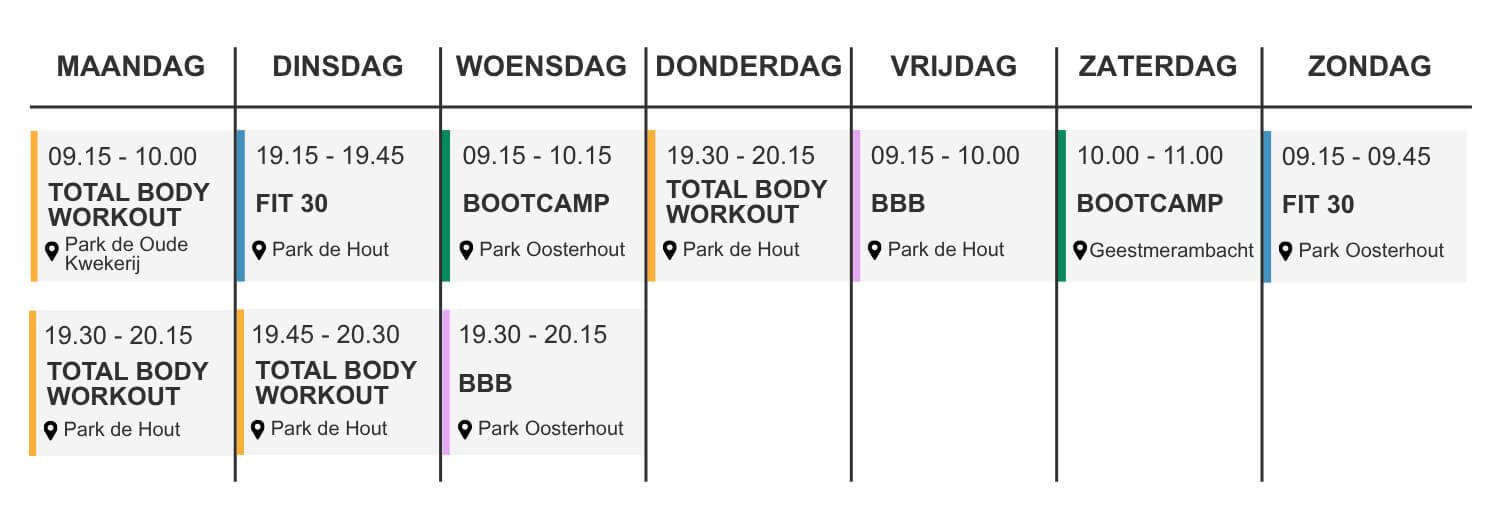 lesrooster AbsoluutFit Alkmaar - buitensport Alkmaar - bootcamp Alkmaar - groot lesaanbod